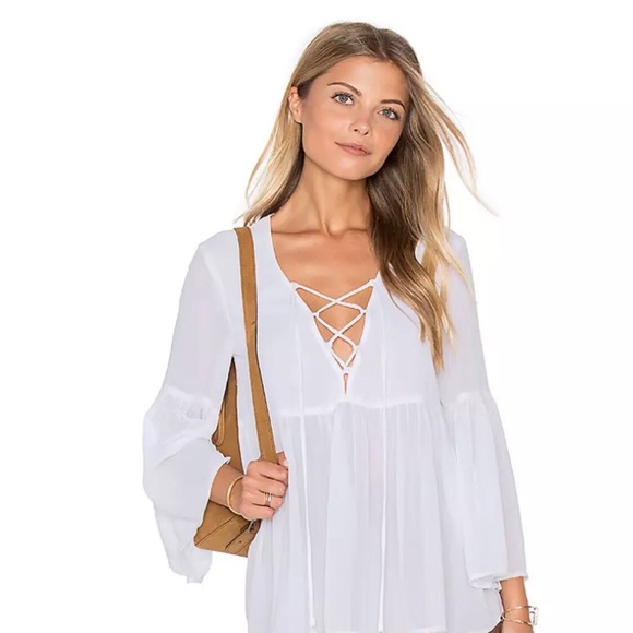 Show Me Your Mumu Babydoll Blouse Small Tie Top White Boho Peasant Romantic Poet - Picture 2 of 12